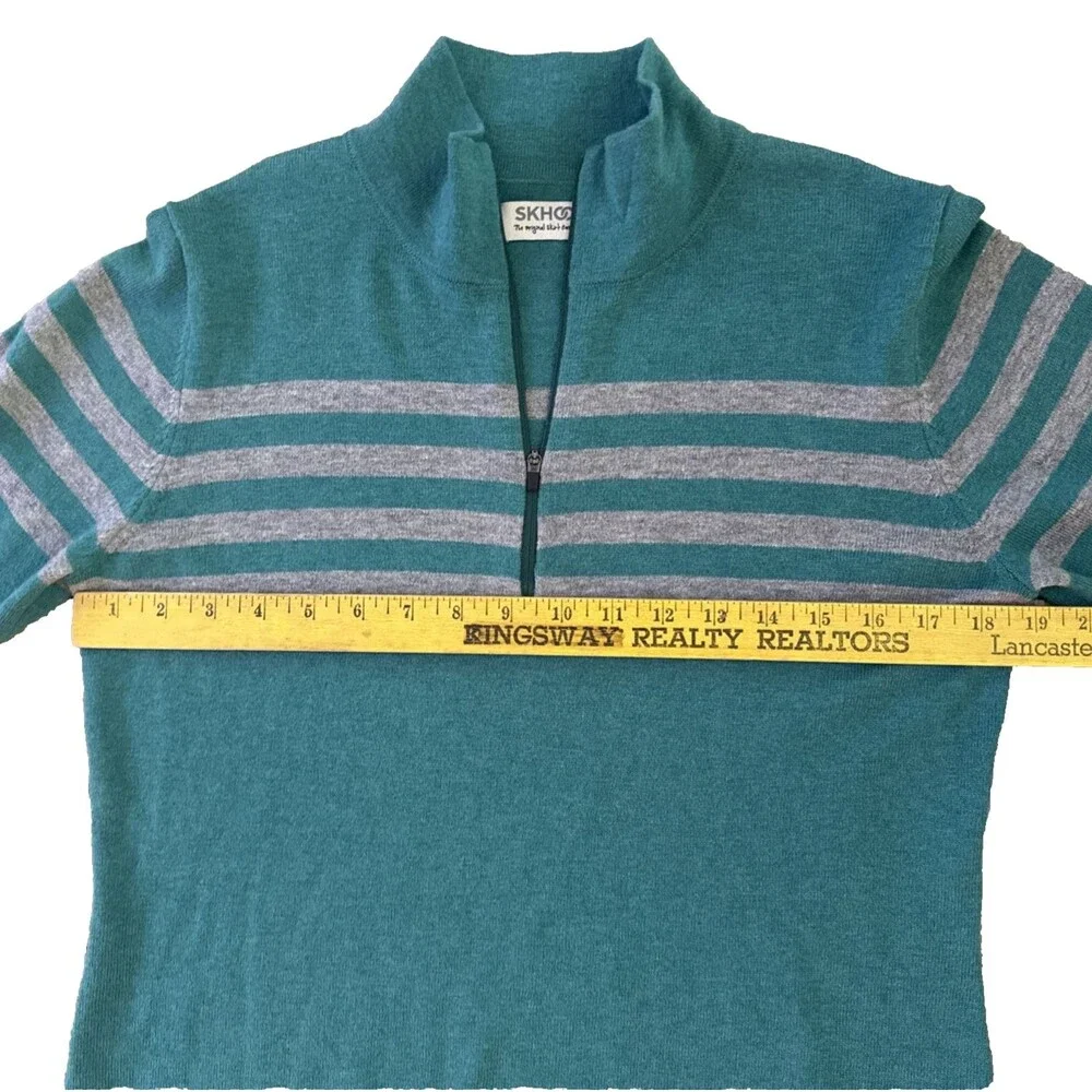 SKHOOP Merino Wool Blend 1/4 Zip Sweater Womens Sz M Teal Gray Mariner Striped